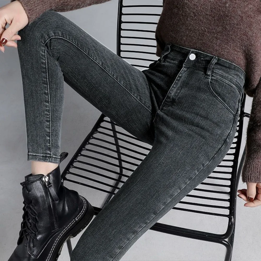 

Осень-зима, новые утепленные джинсы для женщин, узкие брюки с высокой талией, серые, черные женские эластичные суперэластичные джинсовые женские брюки-карандаш