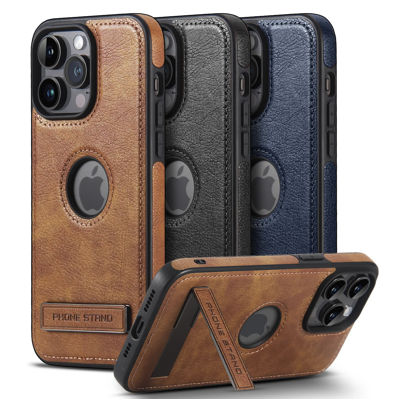 

PU Leather Phone Case with Kickstand for iPhone 17 16 15 Pro Max Air 14 Plus 13 12 Pro Soft Grip Luxury Back Cover with Stand
