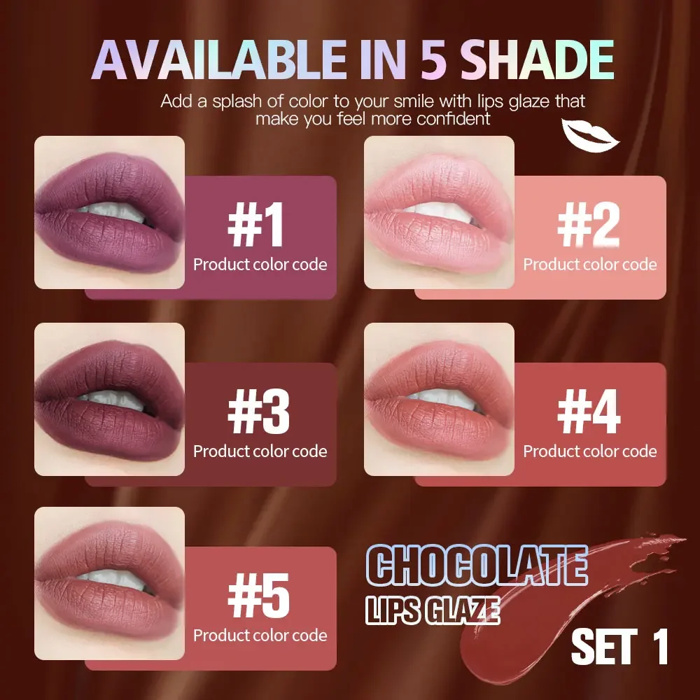 5szt Chocolate Series All In Makeup Set Matte LipMatte Lipstick Długotrwała, bogata kremowa szminka Mleczna kawa Kolor ust Oryginalny