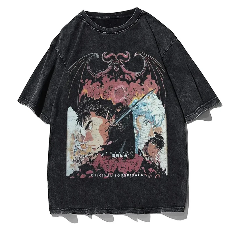 Denim Black Anime Vintage Wash Unisex T-Shirt Octopus Men Harajuku Gothic Punk T-Shirt Japanese Style Hip-Hop Streetwear 8XL