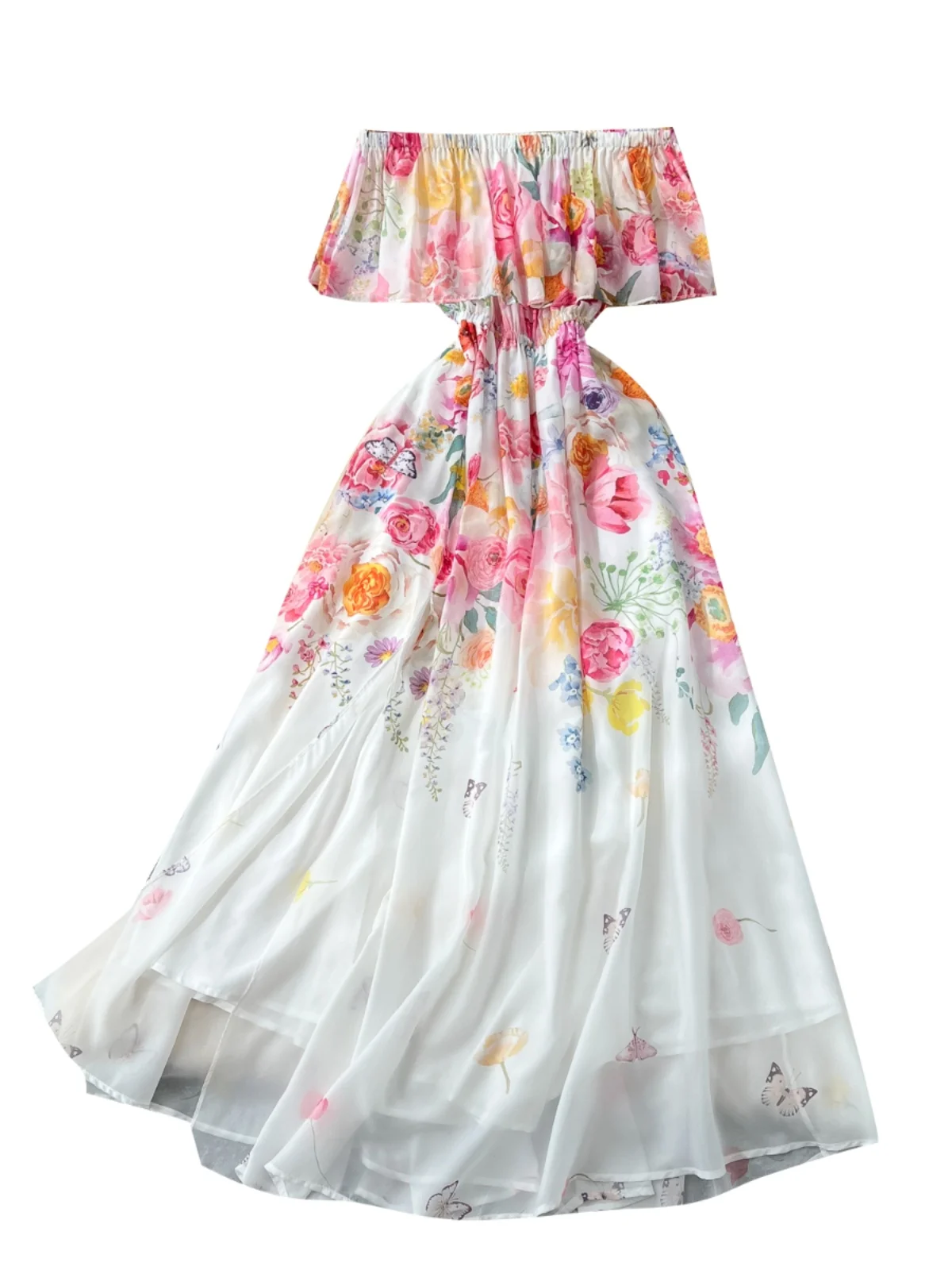 Vestido de Gasa con Estampado Floral y Cintura Ajustada con Dobladillo, Estilo Coreano, Falda Larga de Cintura Alta para Muje...