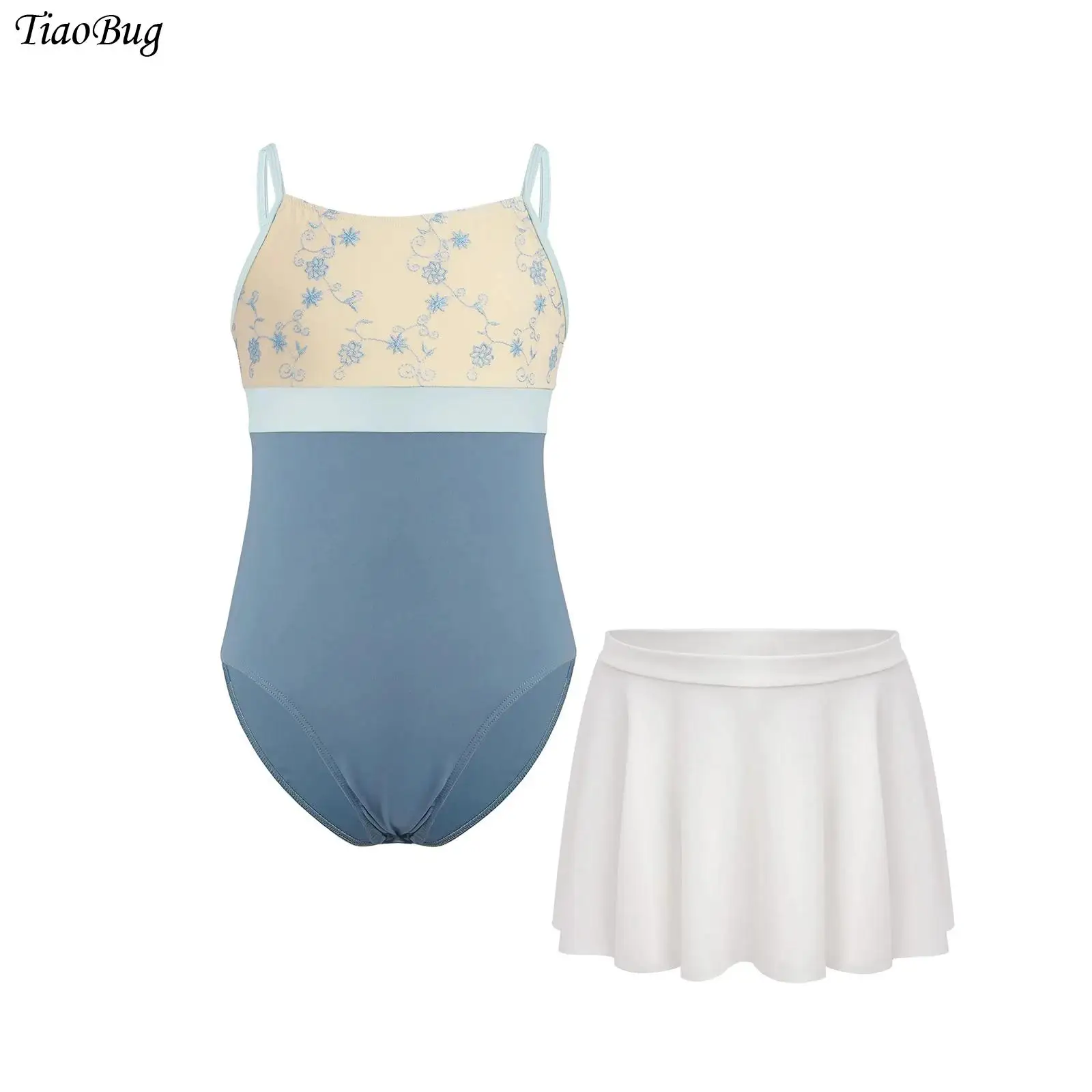 

Kids Girls Ballet Dance Leotard Outfits Sleeveless Spaghetti Straps Floral Embroidery Color Block Leotard+Skirt for Competition