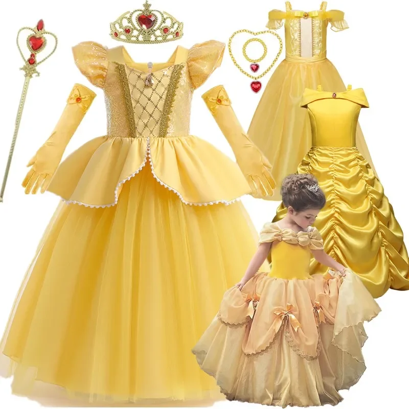 Beauty Beast Belle Princess Dress for Girl Birthday Party Dress Up Cinderella Rapunzel Cosplay Performance Kid Halloween Costume