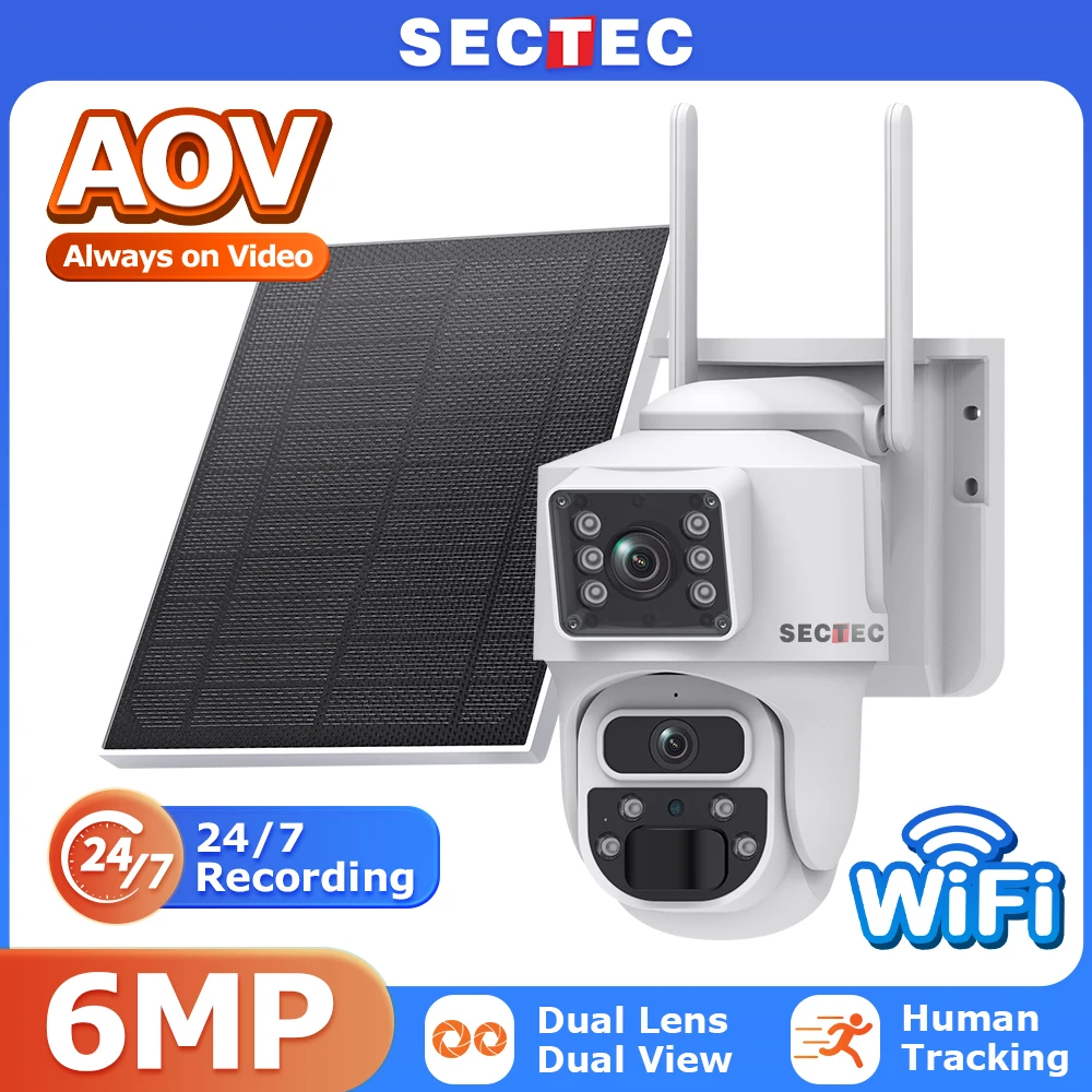 SECTEC AOV 6MP PIR 4G Solar Powered Security Camera System Ultra HD Night Vision 24 7 Monitoring Waterproof Outdoor Surveillanc