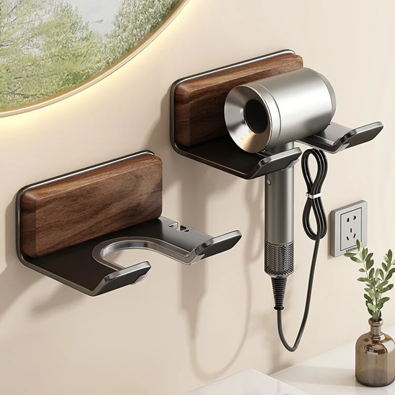 

Держатель для фена из орехового дерева, самоклеящаяся настенная стойка для хранения в ванной комнате, подставка для фена без дрели, полка для фена Dyson
