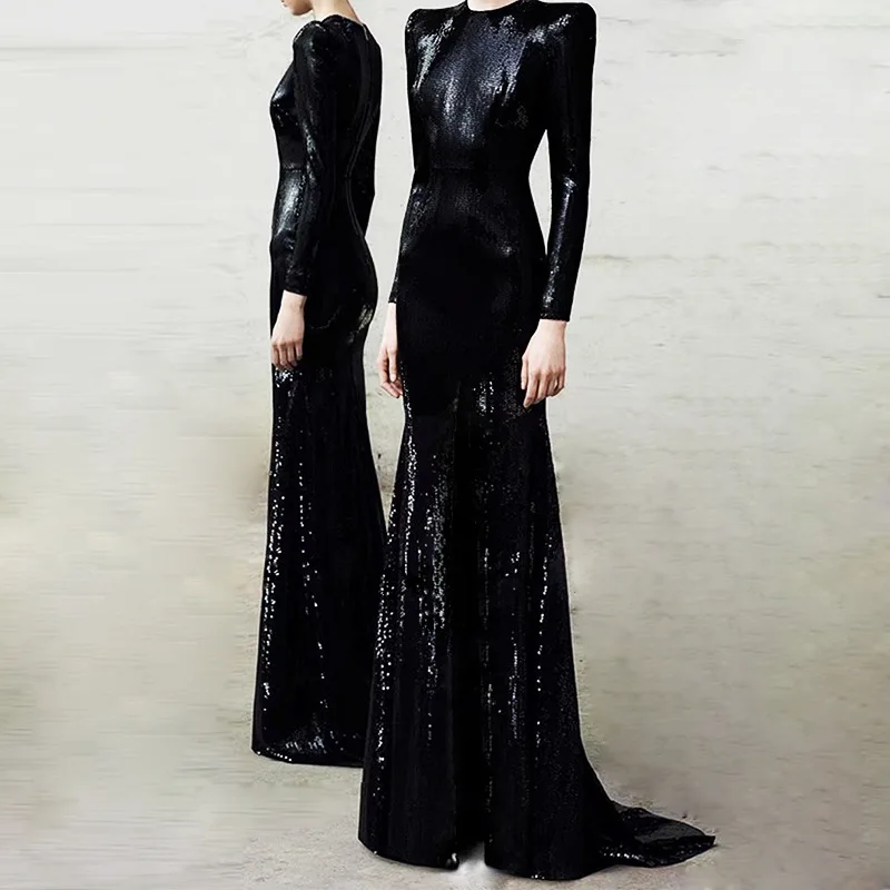 

Ele Long Sequin Dr Evening Gown 2025 New Sle Lady's Walk ow Host Split Fi Tail Dr mid Waist Satin Fabric