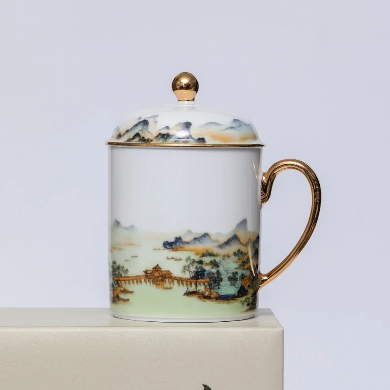 ★Thousand-Li Landscape Mug Ceramic with Lid Office Cup National Fashion Cultural and Creative Gifts Set Jingdezhen Tea Cup