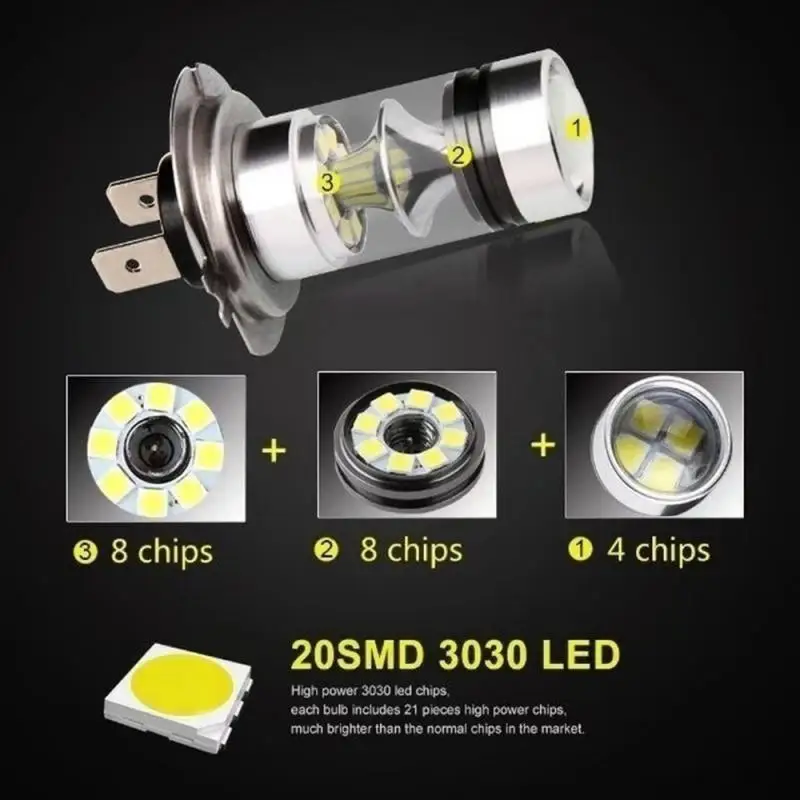 Luz Led antiniebla de conducción diurna para coche, bombillas de haz Alto y Bajo, superbrillantes, 100W, H4, H7, 6000K, 2 uds.