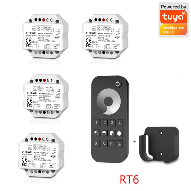 Tira de LED Triac con WiFi, atenuador inalámbrico RF + Push S1-B (WT), interruptor de 2,4G, control remoto táctil RF, aplicación Tuya para Alexa y Google