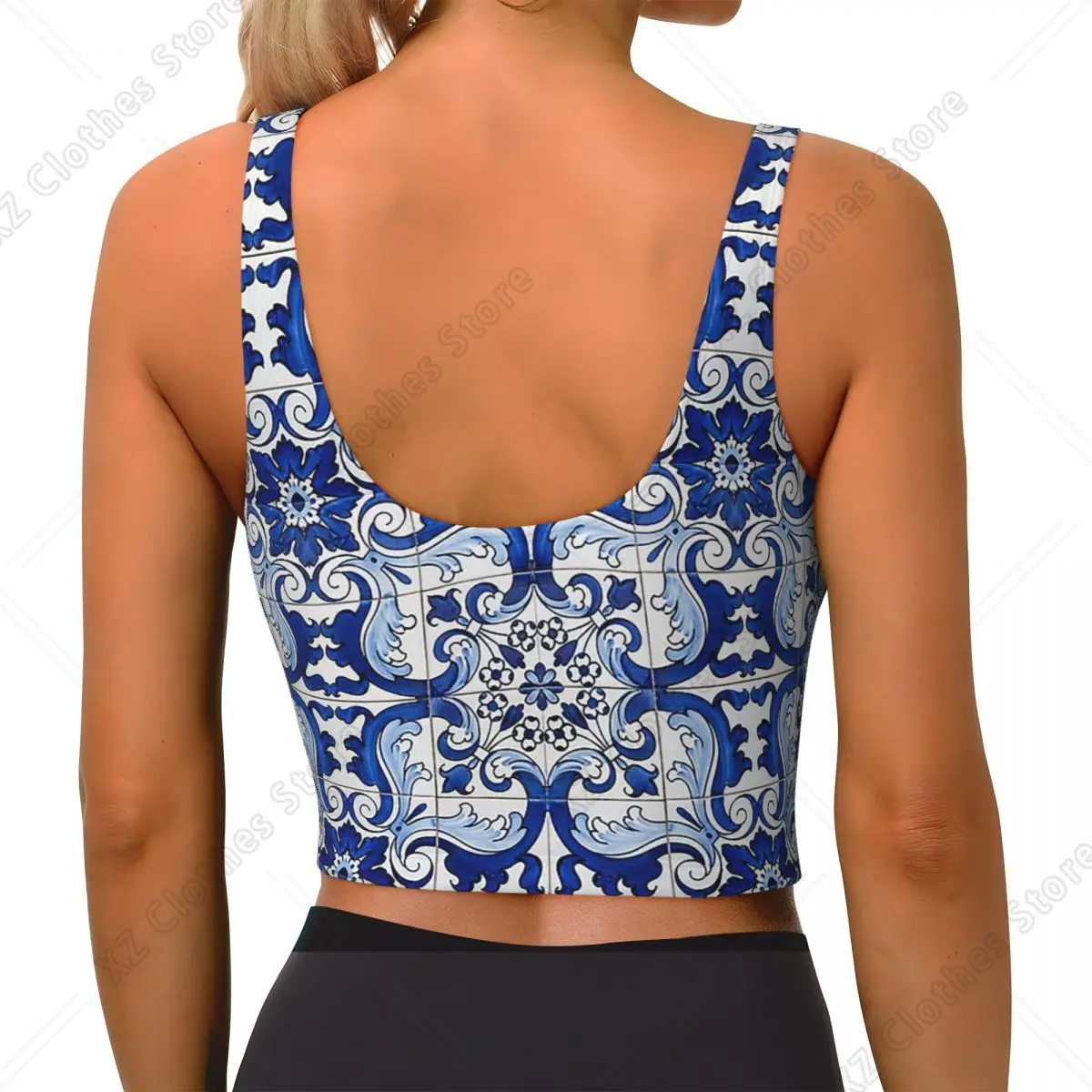 Custom Antique Classic Lisbon Blue Azulejo Tile Floral Women Sports Bras High Impact Vest Gym Workout Yoga Crop Tank Tops