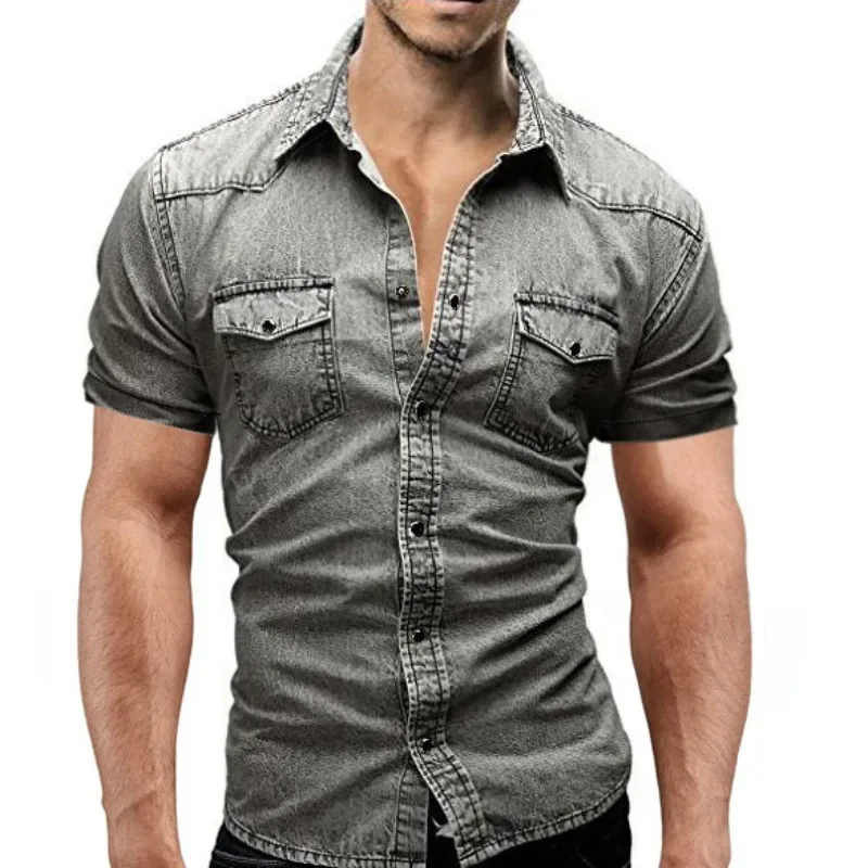 

Short Sleeve Soft Cotton Two Pockets Slim Slight Elastic Jeans Cowboy Shirt Men Spring Summer Vintage Denim Thin Shirt