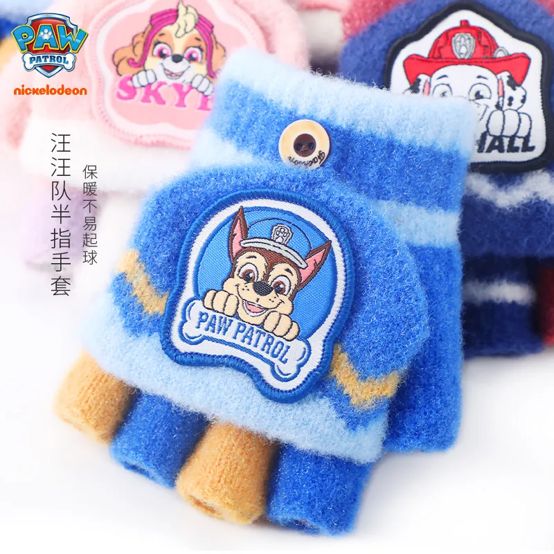 Genuine Paw Patrol Baby\'s Winter Knitted Gloves Flip Fingerless Mittens Kids Cartoon Chase Skye Warm Half-Finger Gloves 2-6T