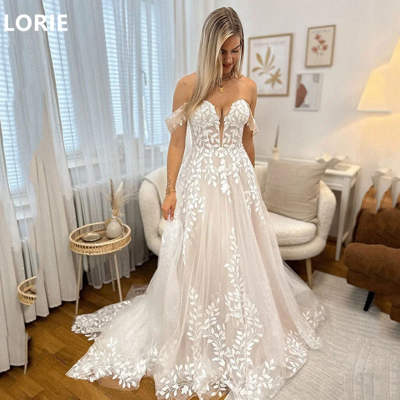 

LORIE A-Line Sleeveless Wedding Dresses Off The Shoulder V-Neck Bridal Gowns Backless Princess Appliques Bride Gown Customized