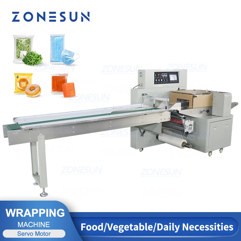 ZONESUN Horizontal Wrapping Packaging Machine Mask Biscuit Cake Candy Food Vegetable Plastic Bag Pouch Packing Production