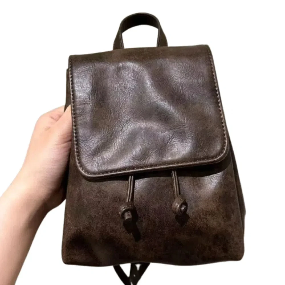 

Cute PU Leather Drawstring Flap Backpack Korean Style Large Capacity School Book Back Fashion Retro Women Shoulder Bag Gift