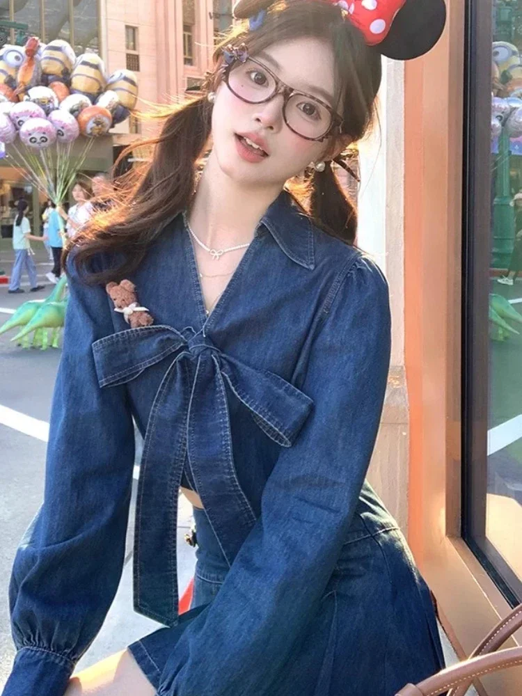 Autumn Blue Vintage Denim 2 Piece Sets Women Bow V Neck Denim Tops+Pleated A Line Chic Skirt Female Korea Fashion Chic Clothing