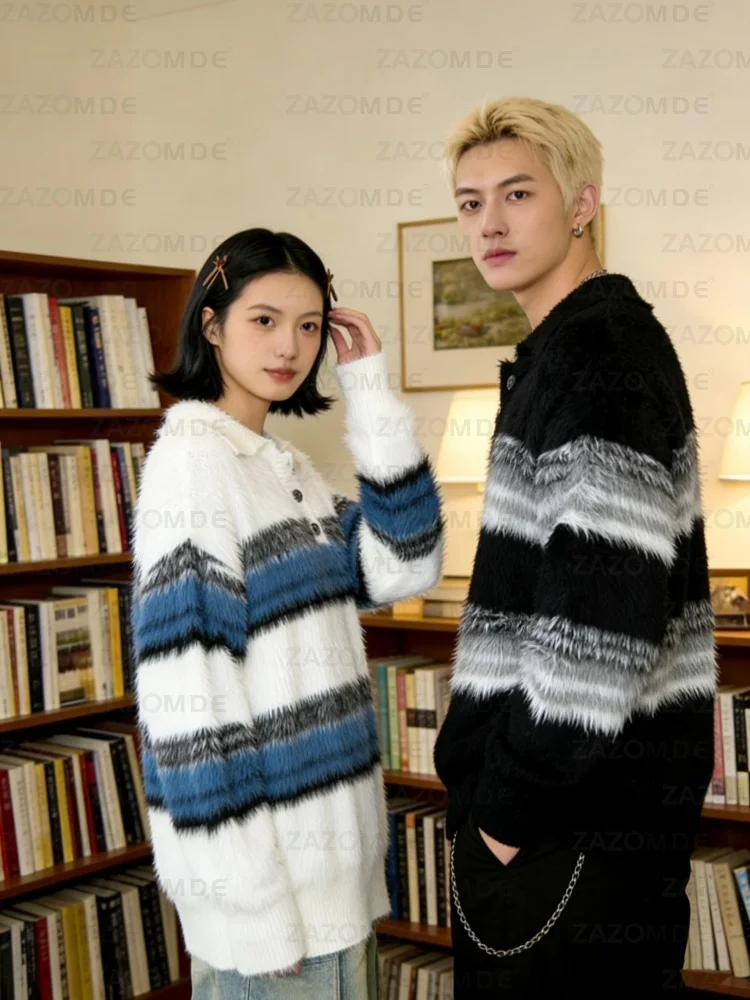 ZAZOMDE 2025 سترة متماسكة حديثة للجنسين برقبة على شكل V مع نمط شريطي هندسي متباين وتصميم مذهل للديكور البسيط