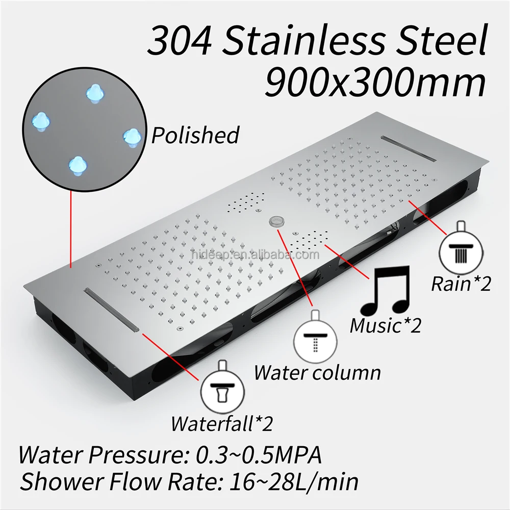 HIDEEP Music Led Shower 900x300mm Ceiling Mounted  Waterfall Rain Mist Thermostatic Led Shower Set System