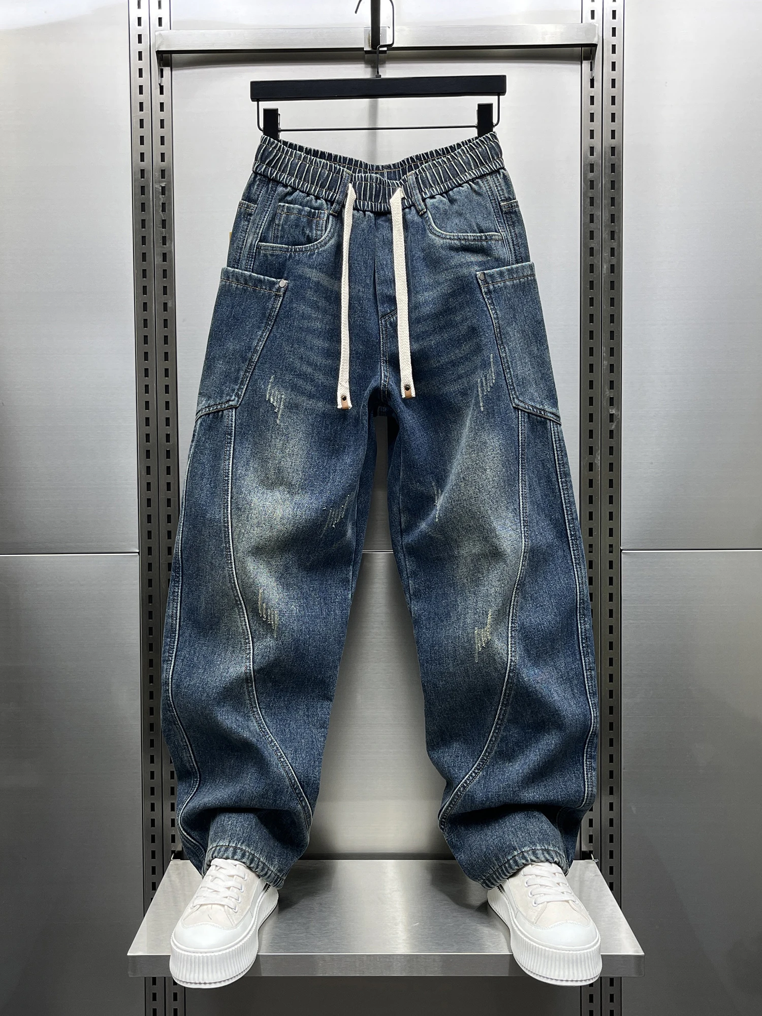 

Мужские осенне-зимние новые повседневные джинсы с начесом, широкие, прямого кроя, рабочие брюки, уличный стиль