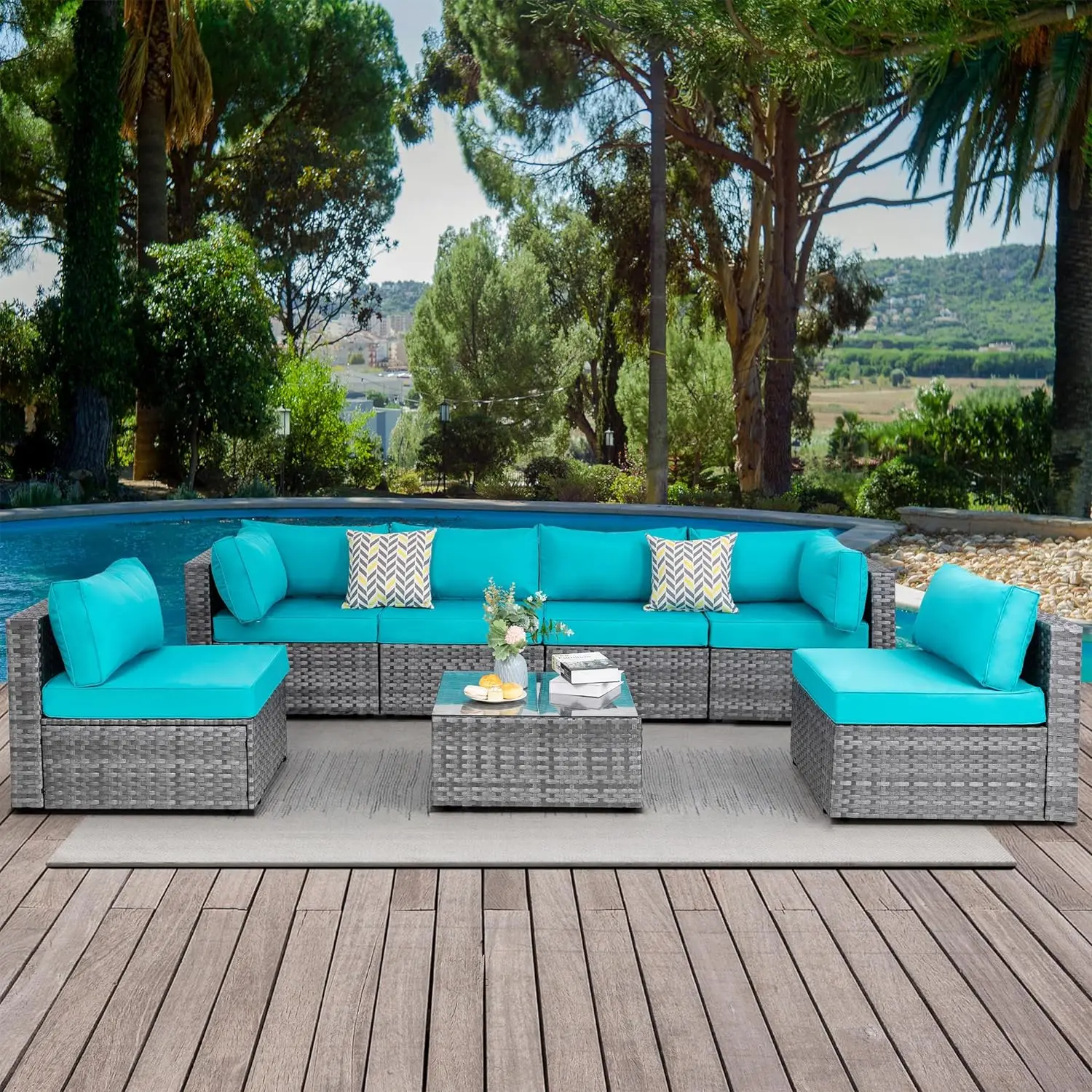 

Outdoor 7 Piece Patio Sectional Furniture Set, Outdoor Sofa Couch Patio Wicker Furniture Black Rattan Conversation Set