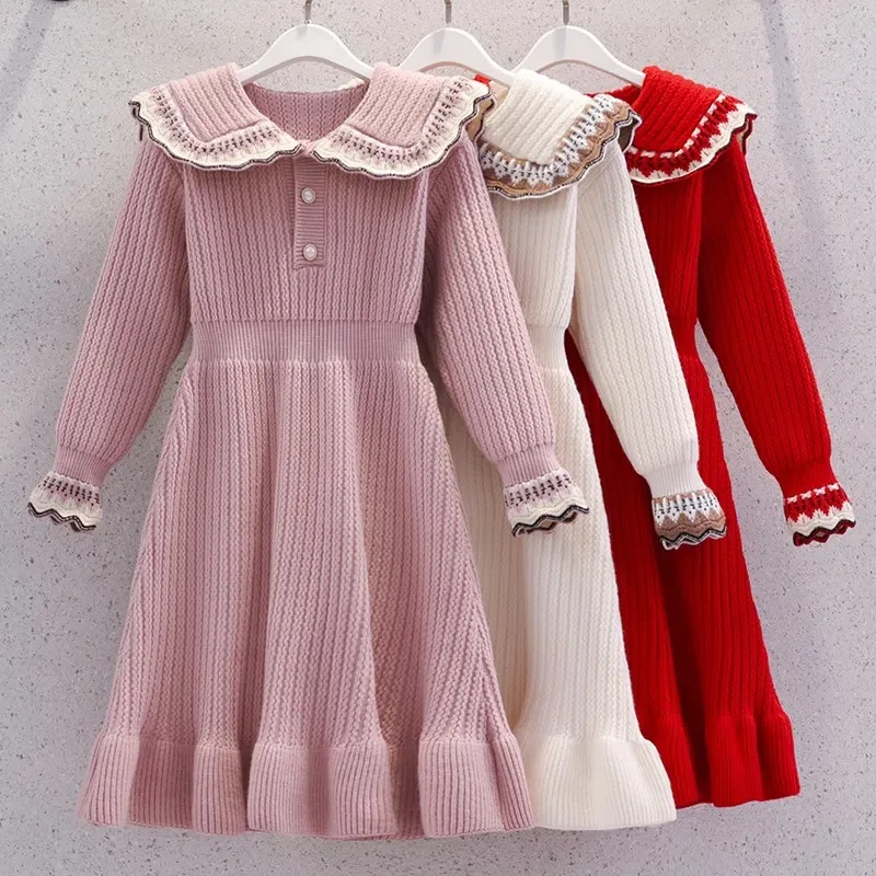 2023 Autumn Winter Teenagers Girls Kids Knit Sweater Dresses Princess button clothes new year christmas 4 5 6 7 8 9 10 11 year