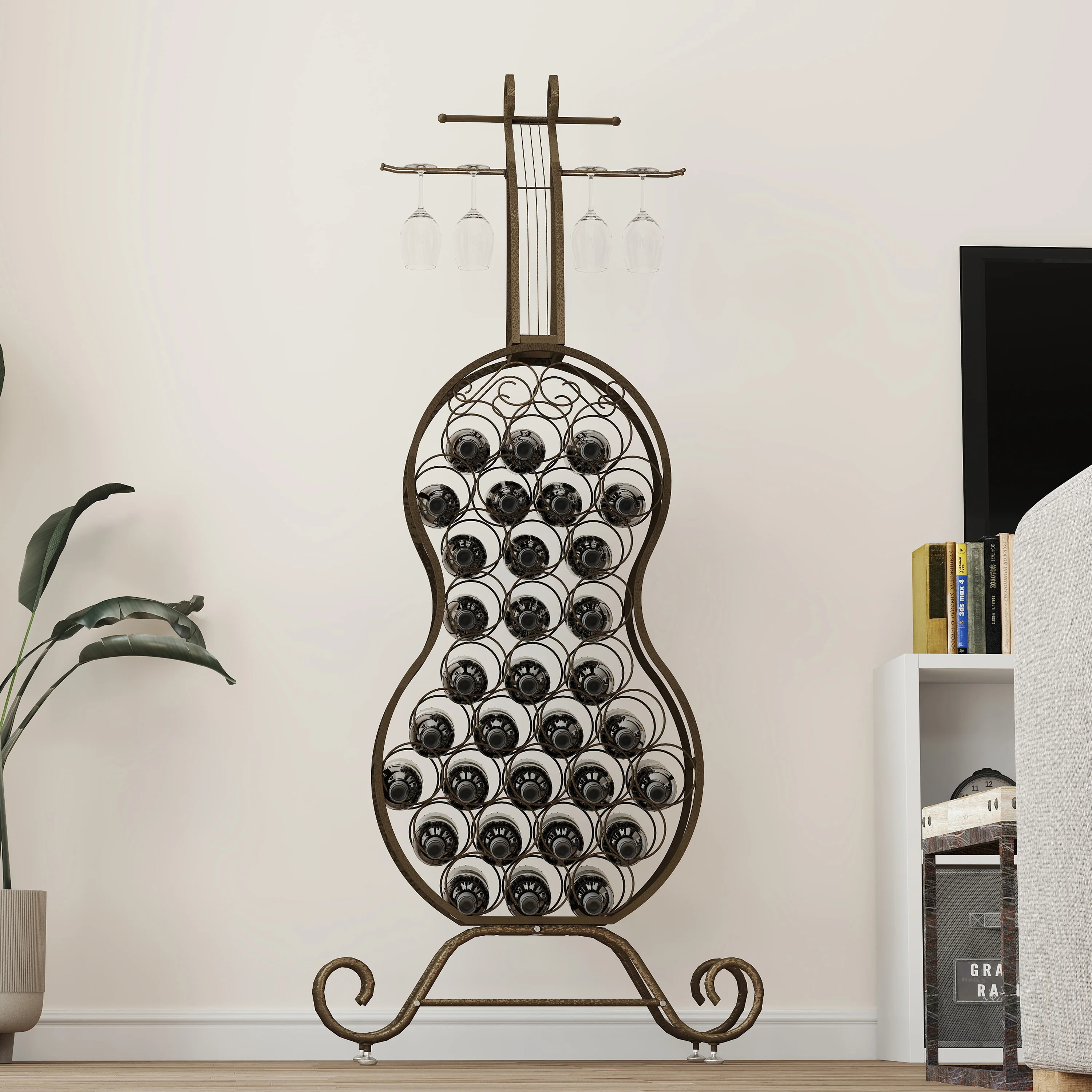 Cello-Shaped Freestanding Wine Rack - Large Capacity Storage Cabinet for Spirits Wine, Decorative Organizer for Kitchen Dining