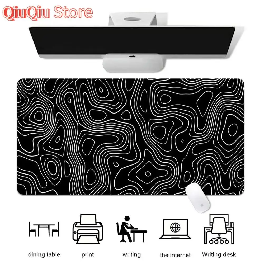 Alfombrilla de ratón para juegos con mapa topográfico grande: alfombrilla de escritorio extendida con diseño de línea de contorno, bordes cosidos y base de goma antideslizante O