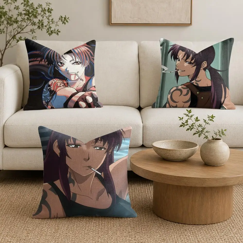 Japanese Anime B-Black Lagoon Cushion Cover Organic Linen Square Pillow Case Durable Non-Allergenic And Kind To Skin