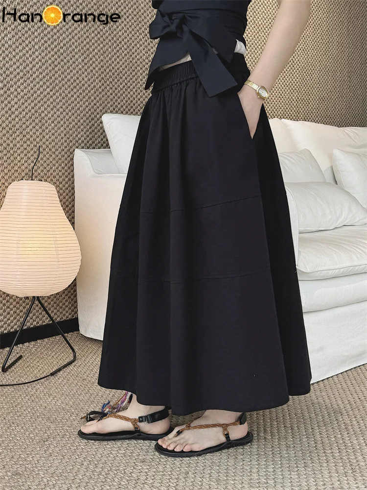 

HanOrange 2026 Spring Summer Lazy Elastic Waist A-line Curved Half Skirt Loose Long Skirt White/Black