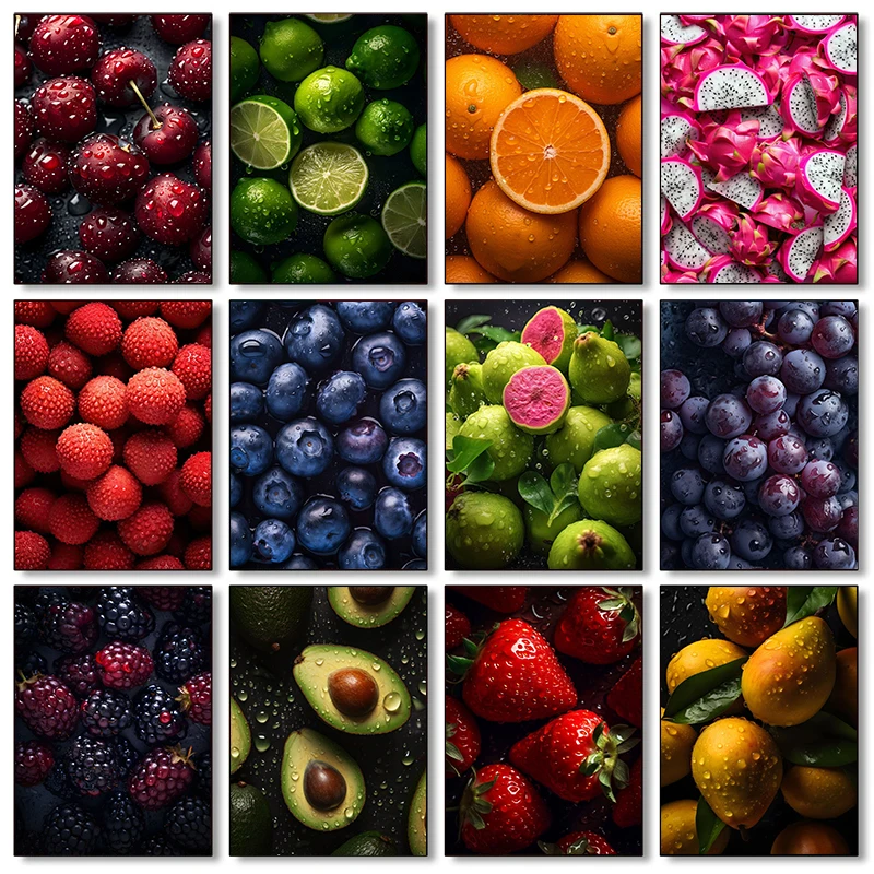 Póster Decorativo de Cocina con Deliciosas Frutas Frescas: Fresas, Sandía y Arándanos, Lienzo Decorativo para Pared, Cuadros Decorativos para el Hogar