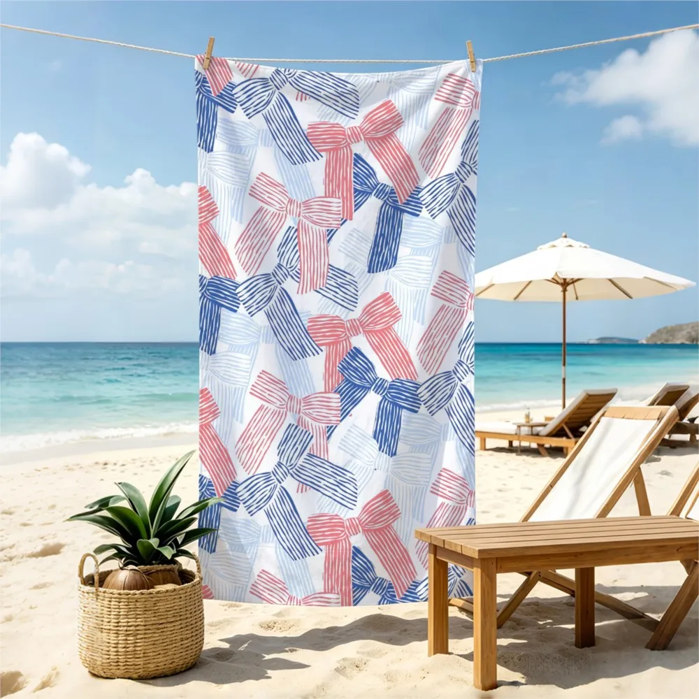 1pc hand-painted bow printed beach towel, ultra-fine fiber absorbent quick drying bath towel, oversized swimming towel,