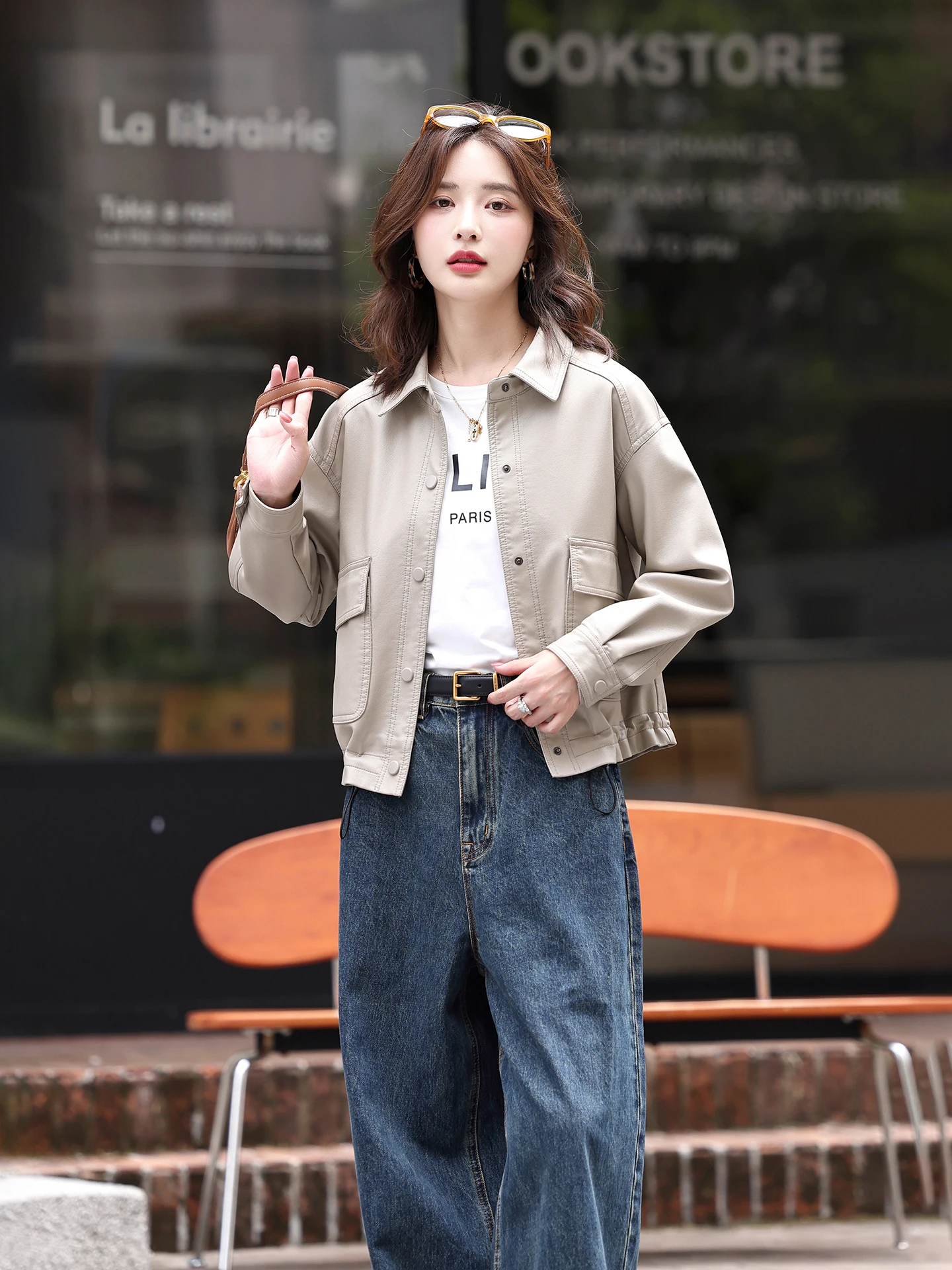 

Faionable Real Leather Jaet Women's ort Sle Korean Version eepskin Loose Slimming Sli Outerwear Spring Autumn