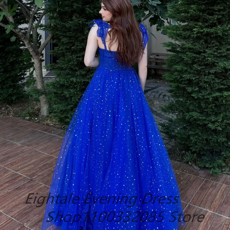 2025 Star Sequin Tulle A Line Long Beach Summer Prom Dress For Graduation Straps Sweetheart Neck Royal Blue Floor Length Evening