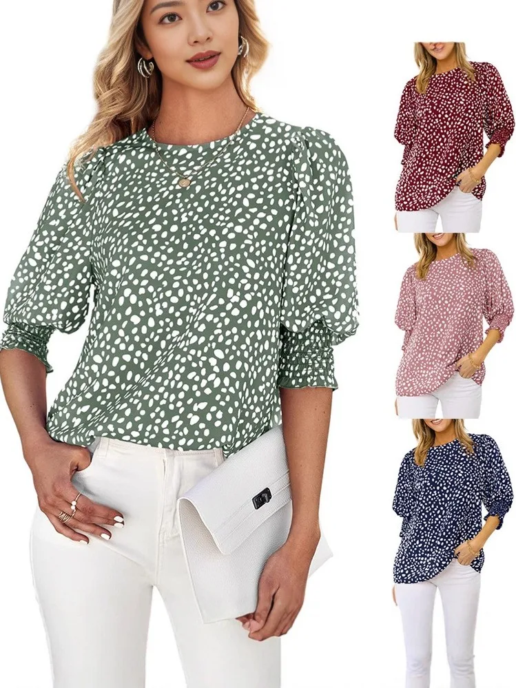 

Летняя женская блузка с коротким рукавом и круглым вырезом, свободного кроя, с 3D-принтом, из шифона, с рукавами-фонариками, легкая, струящаяся, стандартного кроя