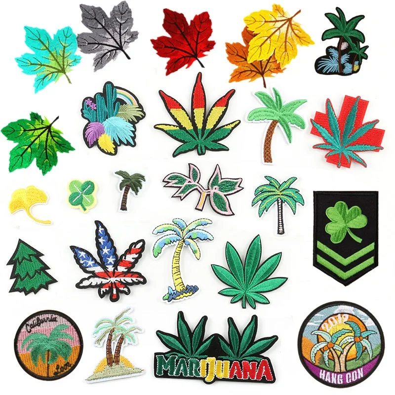 1pcs Mix Coconut trees Clothing Patch Embroidery Iron On The Maple Leaf Badge Stripes Stickers For Clothes Jeans Decoration DIY