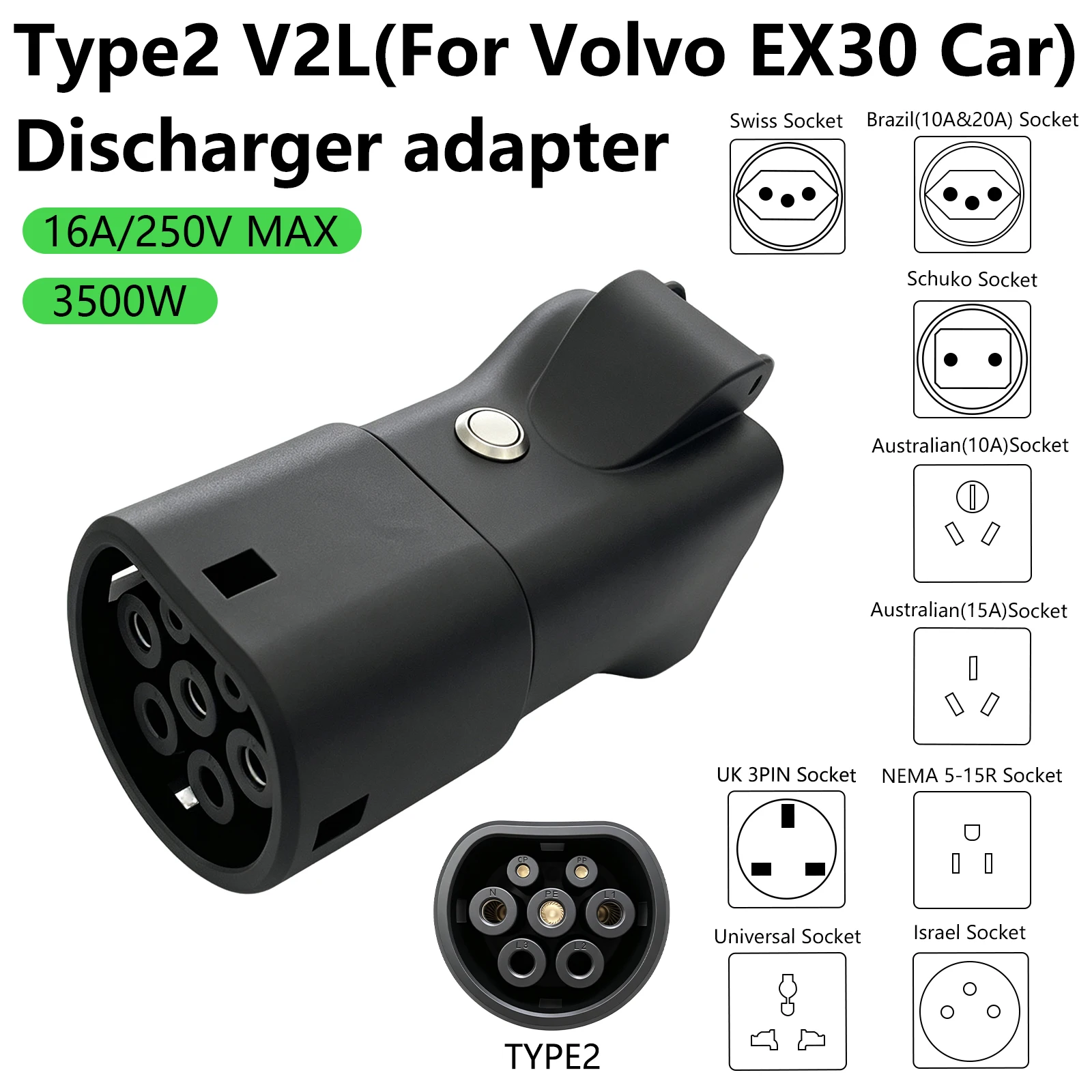 Type2 V2L Discharge Adapter 16A with Switch Vehicle‑mounted V2L Output for Volvo EX30 Ideal for Camping Emergency Power Supply - view 5