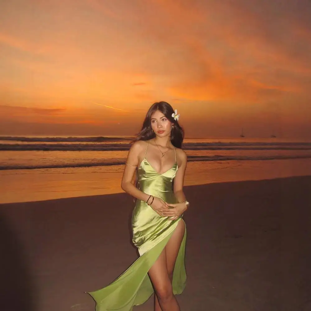 تنورة صيف 2025 Ele Satin Bal Midi Dr V-Ne ذات فتحة عالية الخصر Svel Tee-acetate Fiber Ciwalk Dr