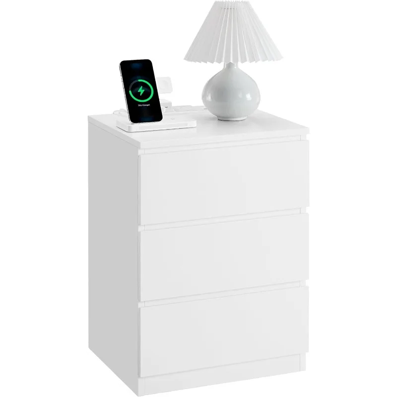 

Nightstand with Charging Station, 2 AC Outlets and 2 USB Ports, Bedside Table, Side Table with 3 Drawers, Modern Style,