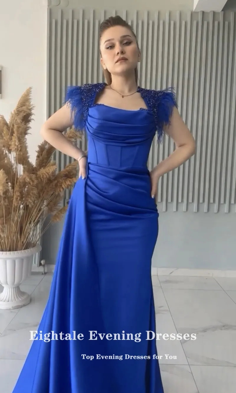 Eightale Vintage Evening Dresses V-Neck Satin Royal Blue Cap Sleeves Beads Mermaid Prom Wedding Party Gown Vestido De Fiesta