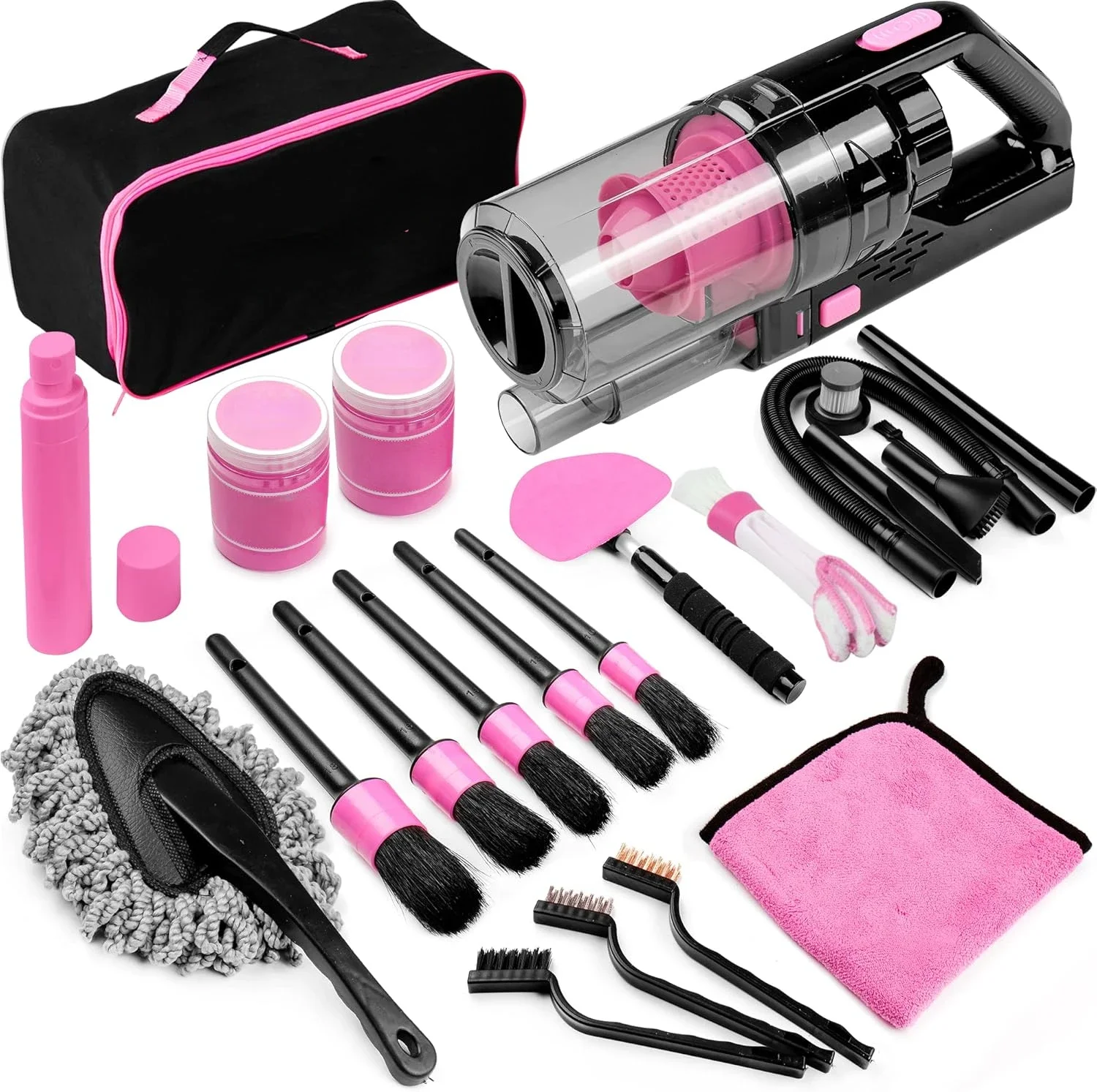 

17pcs Car Cleaning Kit, Pink Car Interior Detailing Kit with High Power Handheld Vacuum, Detailing Brush Set, Windshield Cleaner