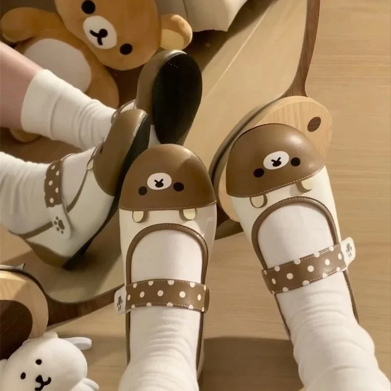 

2025 Spring Collection Rilakkuma Girls Shoes Cute Strap Leather Flats Adorable Cartoon Design Versatile Fashionable