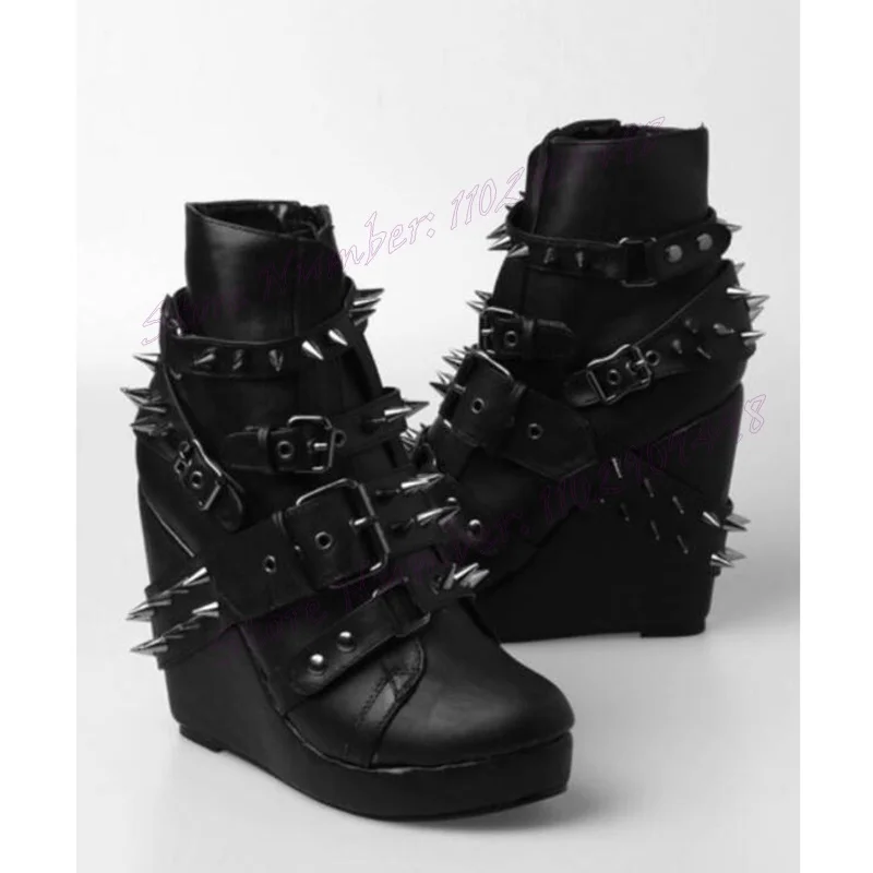 Black Strappy Rivet Wedges Heels Boots Buckle Round Toe Shoes for Women Matte Leather Punk Style Shoes 2024 Zapatos Para Mujere