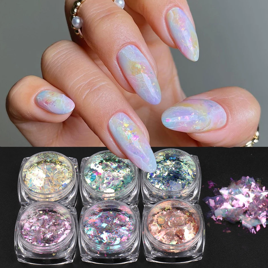 Opala iridescente flocos de unhas lantejoulas mãe pérola concha cristal glitter fatia da arte do prego decoração inverno manicure abastecimento sayhf