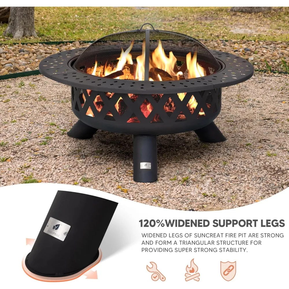 حفرة نار كبيرة مستديرة لحرق الخشب في الهواء الطلق مع سطح طاولة أوسع، وشاشة شرارة، وبوكر النار، ونمط فومبس #3