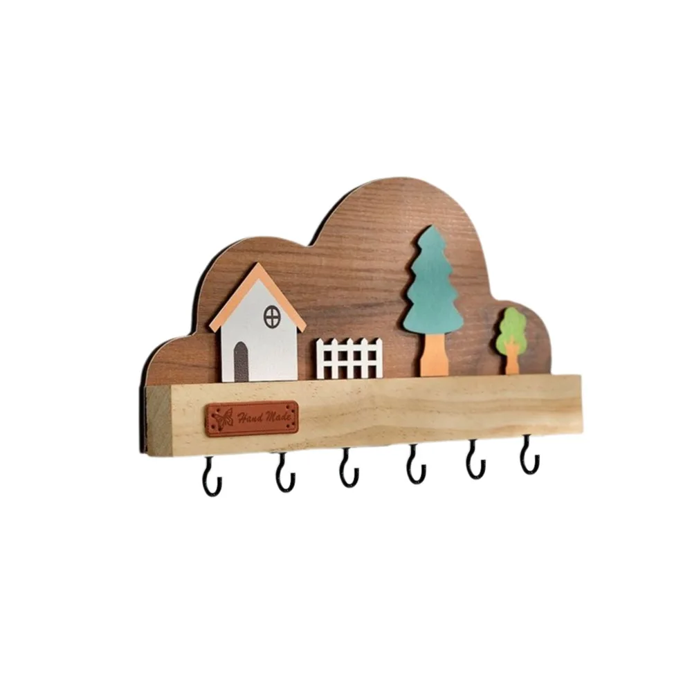 

Solid Wood Key Storage Hanging Hook No-Drill Wall Mounted Key Storage Holder 6 Hooks Cloud House Forest Decorative Hook Entryway