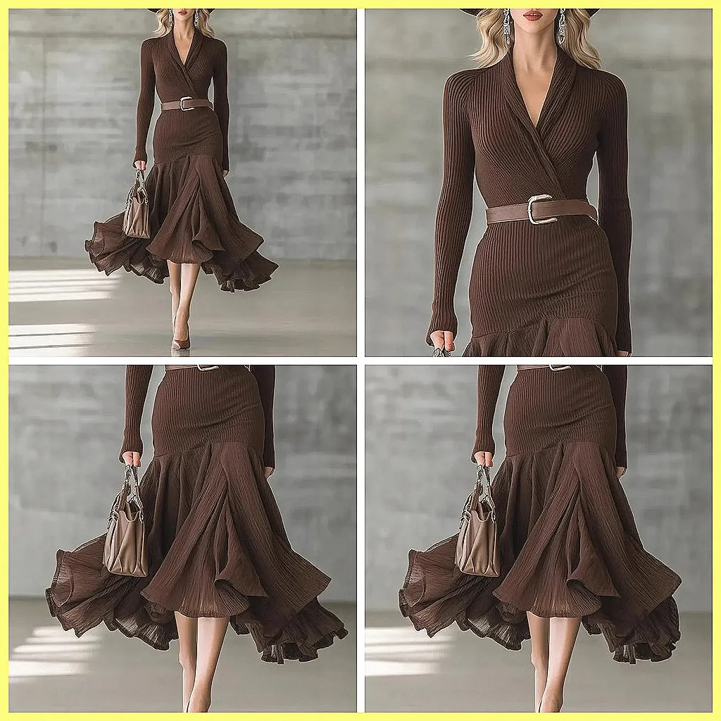 Elegant Brown Ribbed Knit Evening Dress for Women, V-Neck Long Sleeve Formal Party Gown