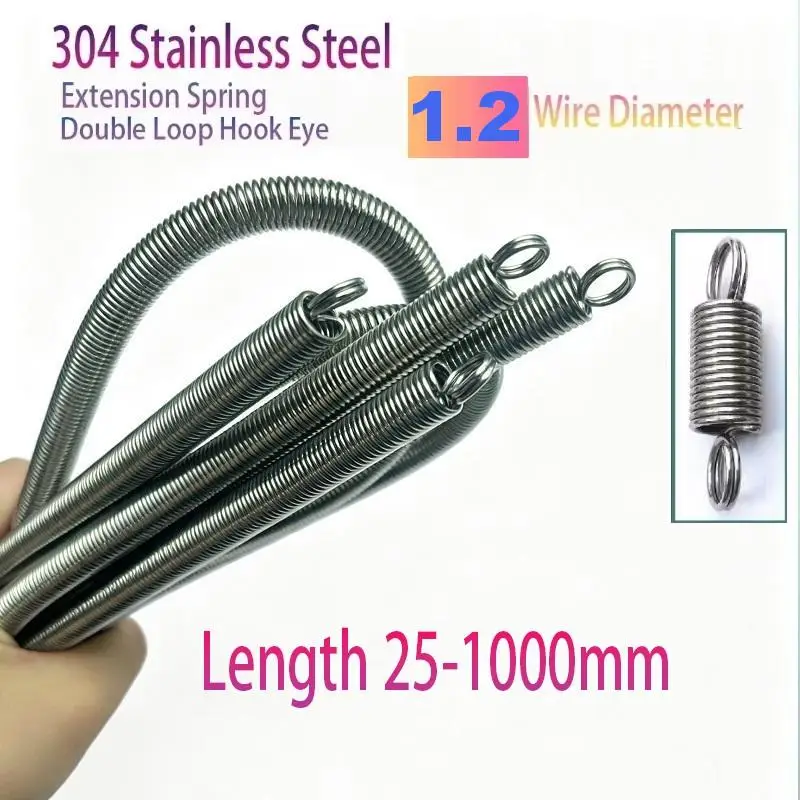 1.2mm Wire Extension Spring 304 Stainless Steel Double Loop Hook Eye Tension Spring  8-12mm OD 25-1000mm  Length Customizable