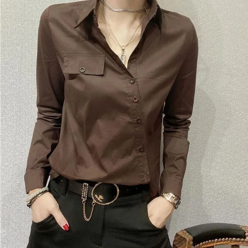 Office Lady Slim Simplicity Blouse Spring Autumn New Long Sleeve Polo Neck Asymmetrical Shirt Tops Vintage Elegant Women Clothes