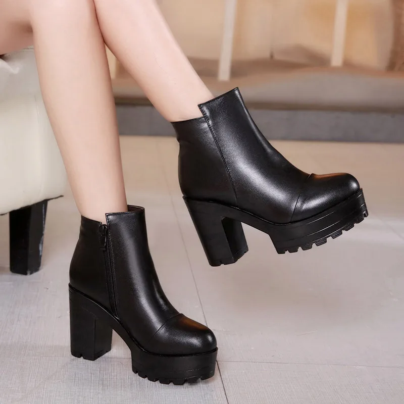 High quality short ankle leather boots for women 10cm high heel platform new 2024 autumn winter 32 33 42 43 elegant shoe black