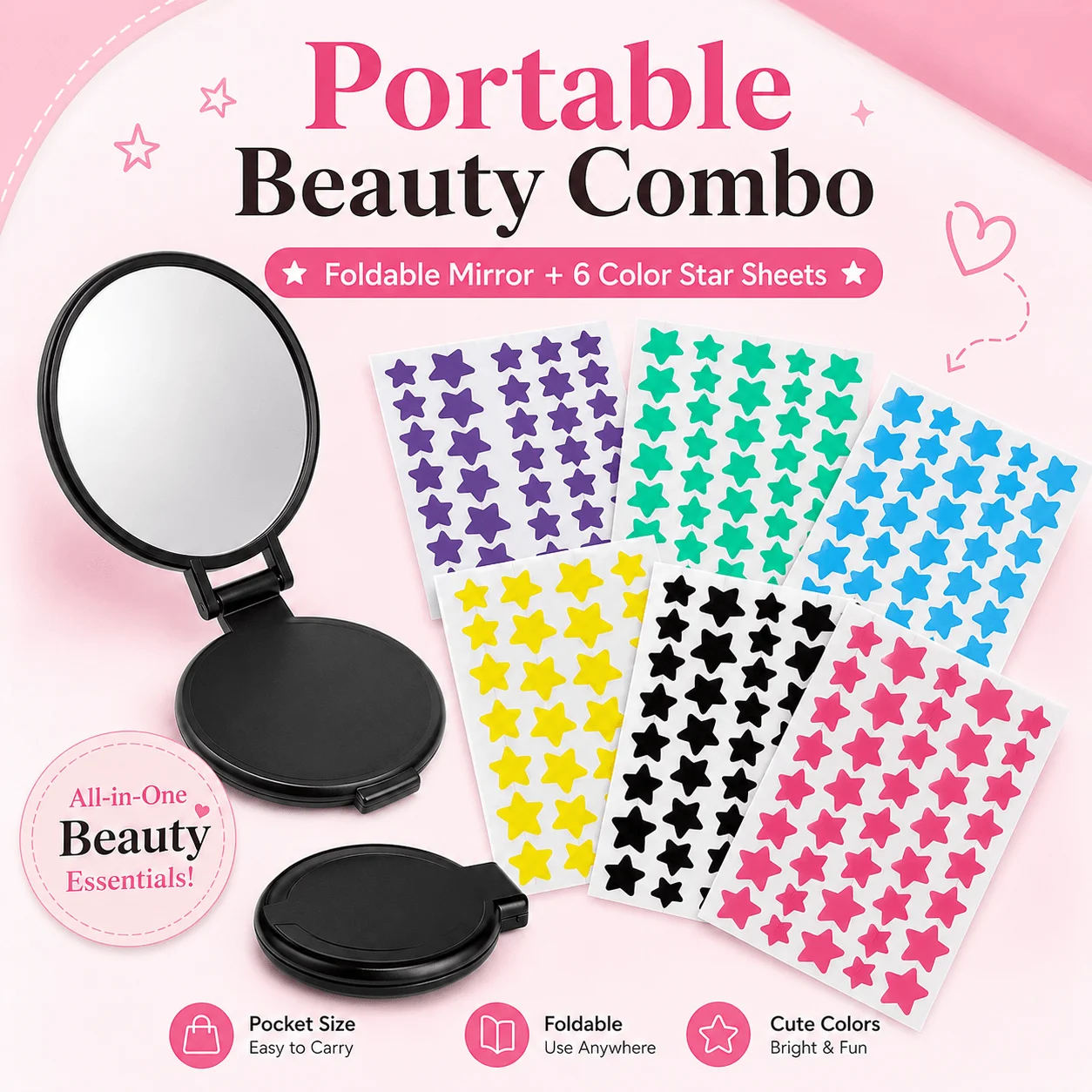 6-Color Star Patch Sheets with Foldable Compact Mirror, Pocket-Size Portable Beauty Set for Travel, Purse and Daily Touch-Ups